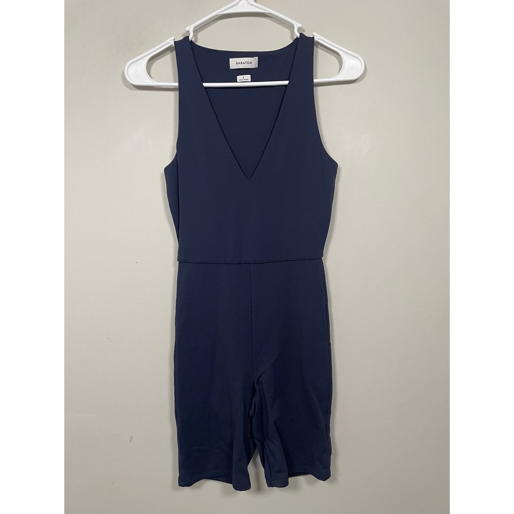 Aritzia Babaton Contour V-Neck Romper in Navy Blue Size Small Athleisure Casual